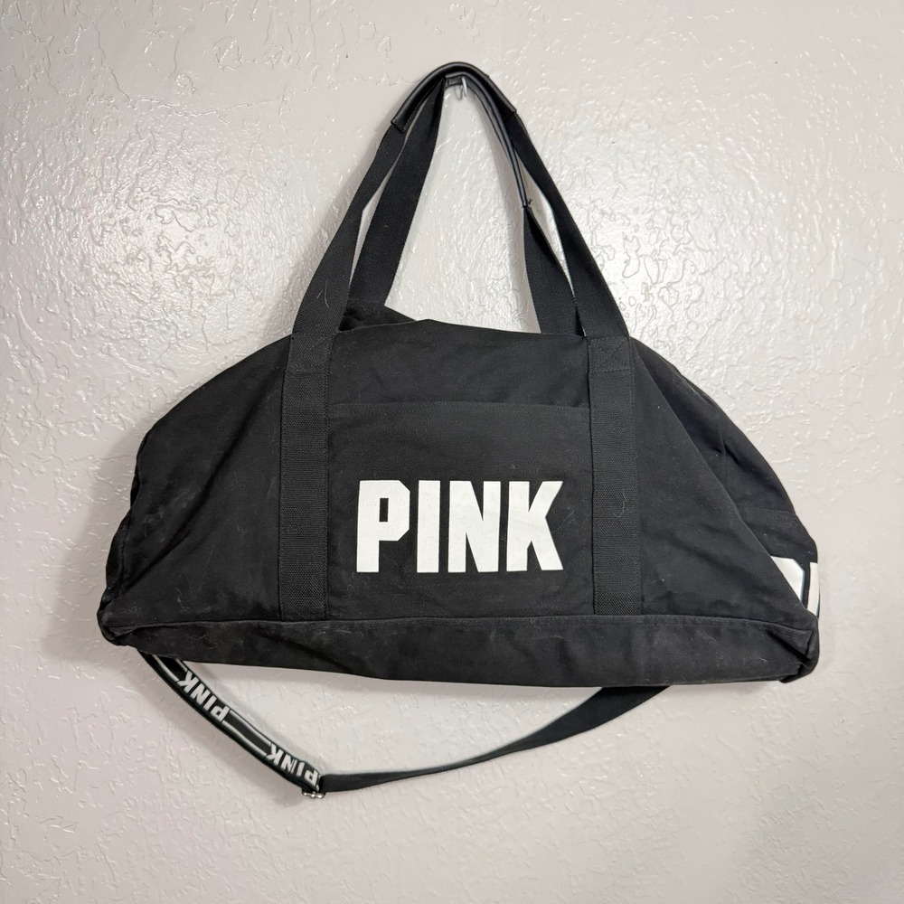 Victoria's Secret PINK Black Canvas Duffel Bag Logo Strap Weekend Gym Travel